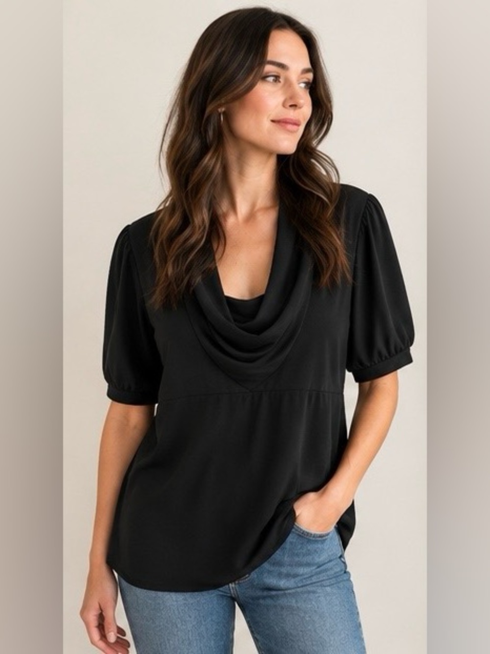 Ann Taylor LOFT Black Cowl Neck Top XL | Draped Puff Sleeve Blouse